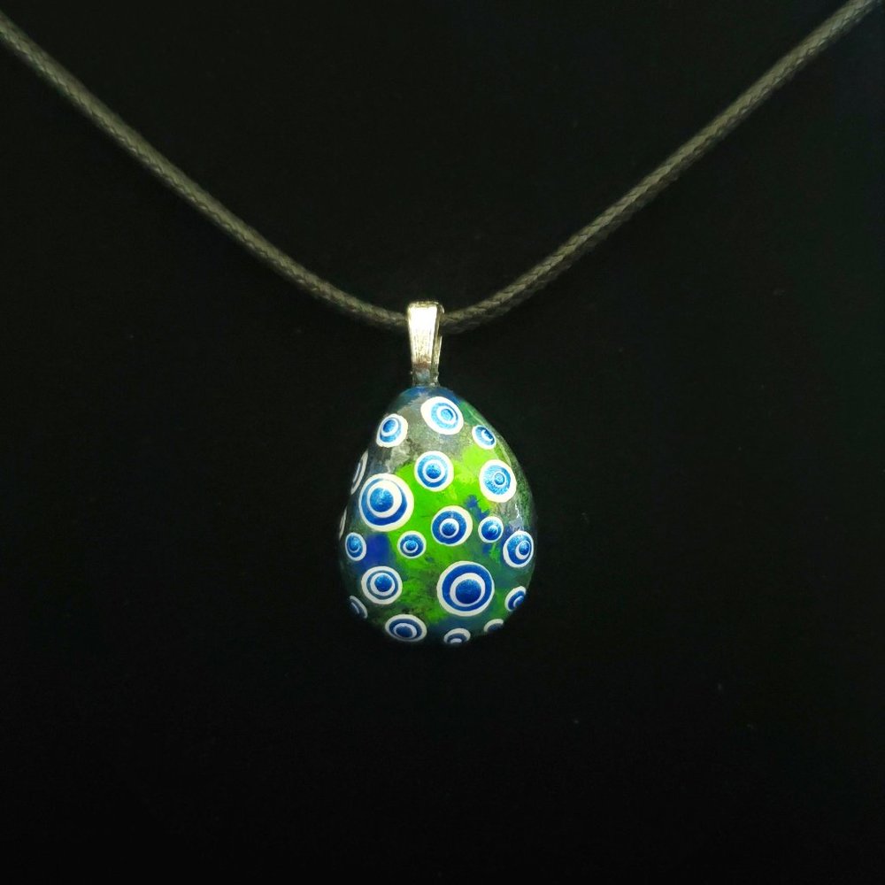 Hand Painted Dot Art Pendant,Blue Sapphire and White spheres multicolored